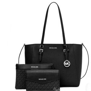 Michael Kors Black Saffiano Leather Tote with MK Charm and Pouch Trio